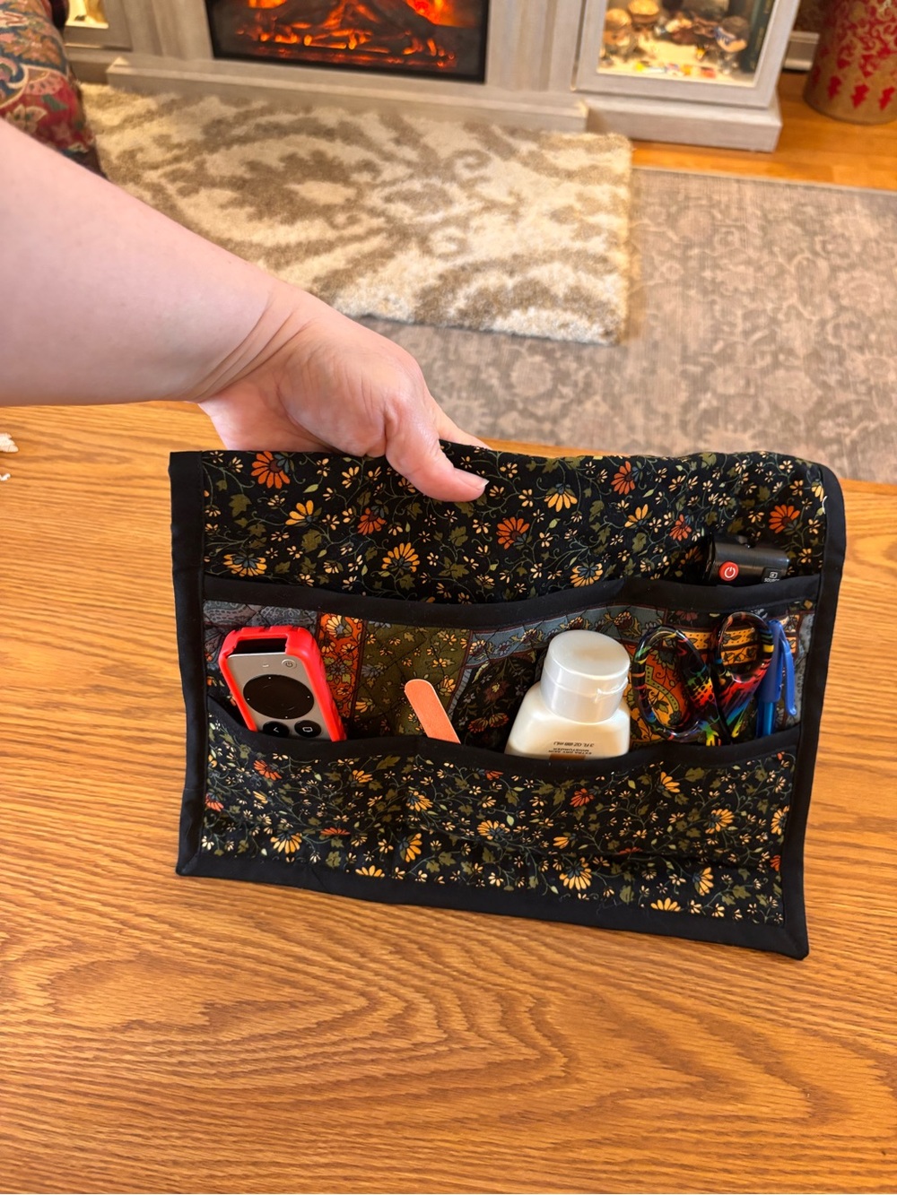 New quilted over arm rest Floral Fabric Bedside Organizer - Black